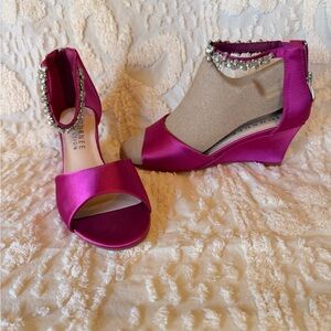 Fuchsia Satin Wedge Sandals with Crystal Ankle Strap #509